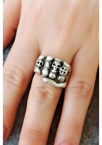 Antik Gümüş Kaplama Kuru Kafa Yumruk Şekilli El Yapımı Ayarlanabilir Yüzük