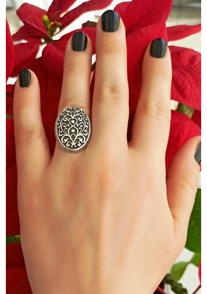 Antik Gümüş Kaplama Oval Şekilli Motifli El Yapımı Ayarlanabilir Yüzük modelleri