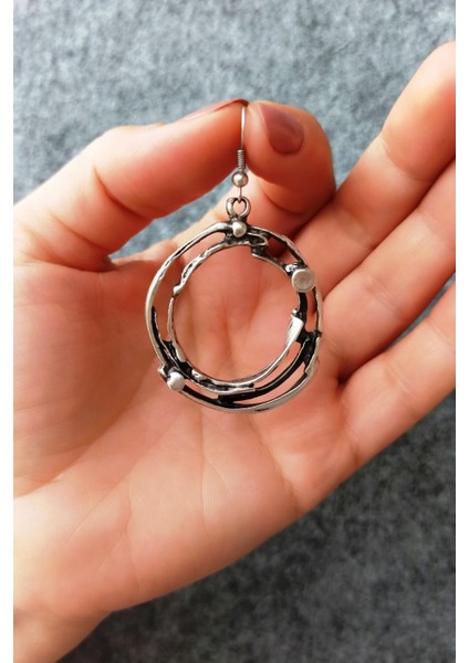 Antik Gümüş Kaplama Çember Şekilli El Yapımı Çift Küpe fırsatları