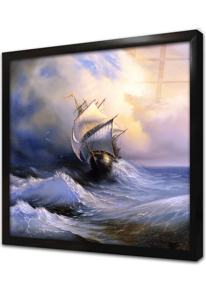 Fırtınayla Boğuşan Yelkenli Çerçeveli Cam Tablo