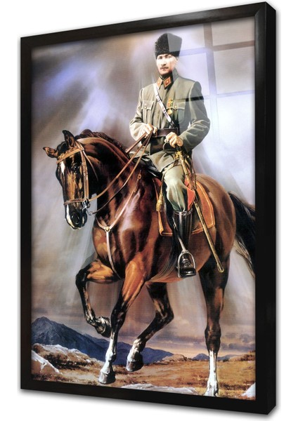 At Üstünde Kalpaklı Atatürk Çerçeveli Cam Tablo