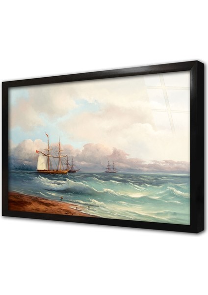 Dalgalı Deniz ve Tekne Çerçeveli Cam Tablo