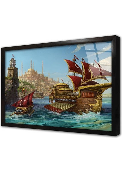 Boğazda Kadırga ve Eski Istanbul Çerçeveli Cam Tablo