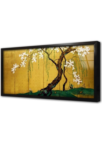 Beyaz Çiçekli Ağaç Çerçeveli Cam Tablo