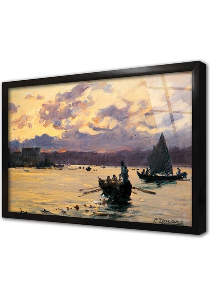 Denizde Kayık Çerçeveli Cam Tablo