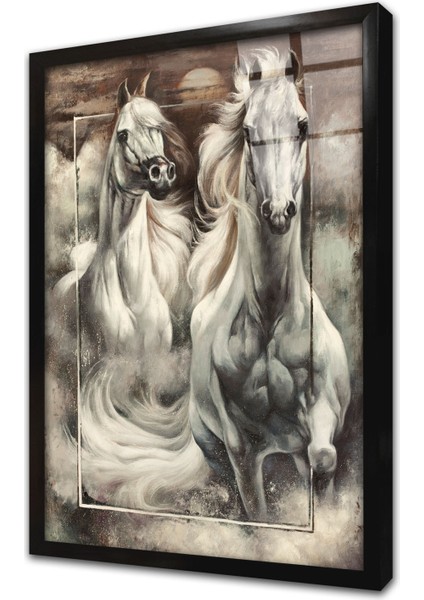 Ikili Beyaz At Portre Çerçeveli Cam Tablo