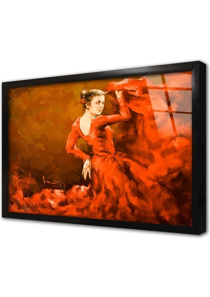 Kırmızılara Bürünmüş Dansçı Kadın Çerçeveli Cam Tablo