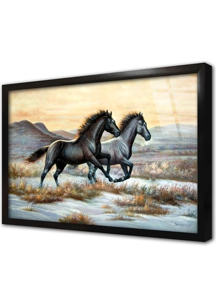 Koşan Ikili Gri At Çerçeveli Cam Tablo