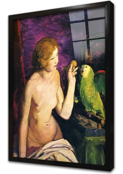 Nude Girl And Parrot Çerçeveli Cam Tablo