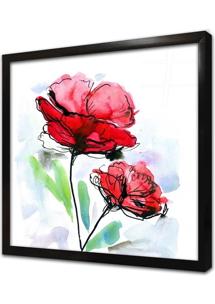 Kırmızı Çiçek Çerçeveli Cam Tablo