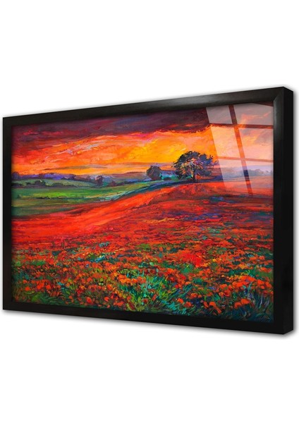 Kırmızı Çiçekler Çerçeveli Cam Tablo