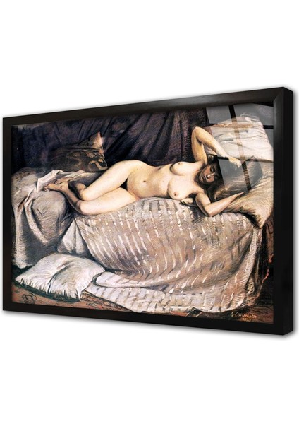 Naked Woman Lying On A Couch Çerçeveli Cam Tablo