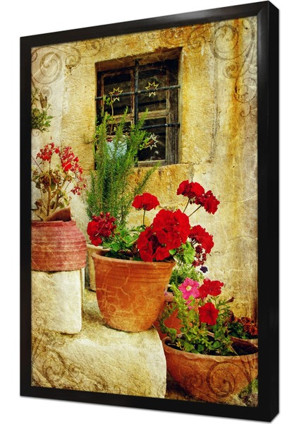 Merdiven Üstünde Saksılar Çerçeveli Mdf Tablo