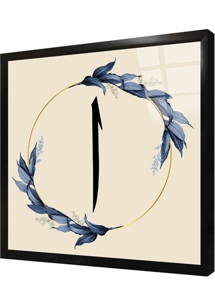 Mavi Yapraklar ve Elif Çerçeveli Cam Tablo