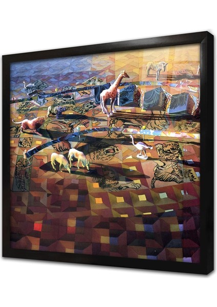 Soyut Hayvanlar Çerçeveli Cam Tablo