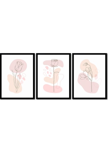 Line Art Çiçekler Üçlü Set Çerçeveli Mdf Tablo