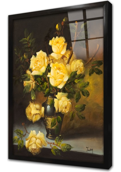 Vazoda Sarı Güller Çerçeveli Cam Tablo