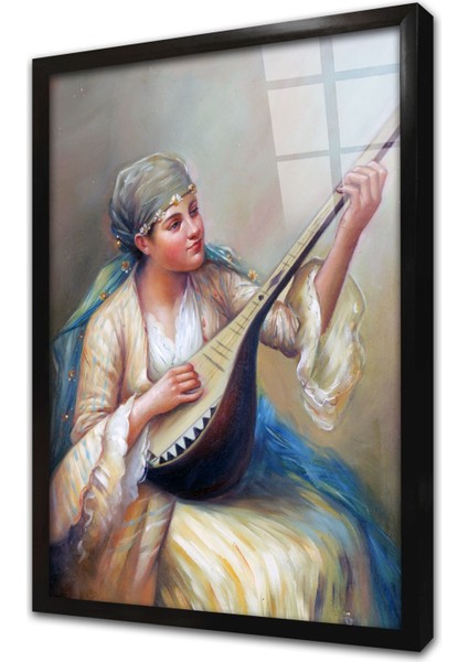 Saz Çalan Kadın Çerçeveli Cam Tablo