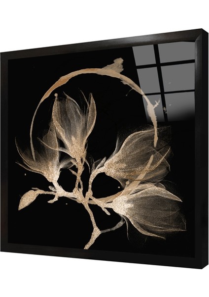 Siyah Zeminde Altın Çiçek Çerçeveli Cam Tablo