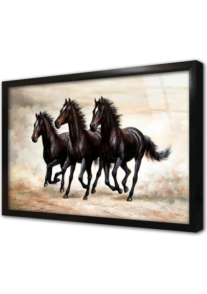 Siyah Atlar Çerçeveli Cam Tablo