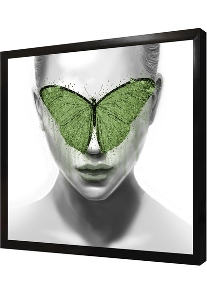 Yeşil Kelebek ve Kadın Çerçeveli Mdf Tablo