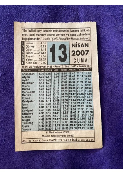 13 Nisan 2007 Takvim Yaprağı Nostalji Koleksiyonluk Takvim Yaprağı