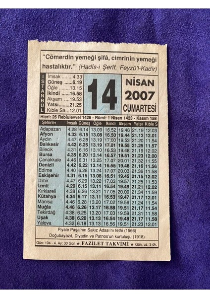 14 Nisan 2007 Takvim Yaprağı Nostalji Koleksiyonluk Takvim Yaprağı