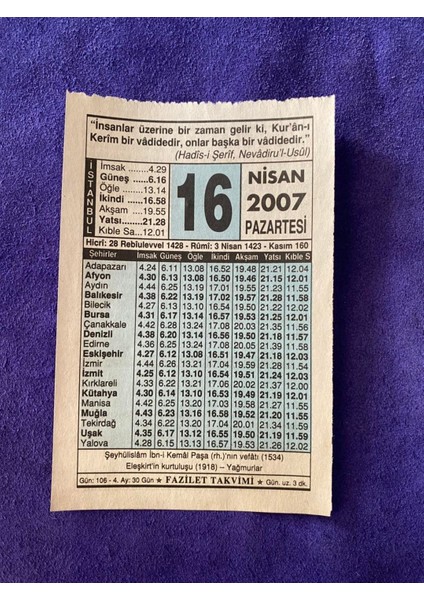 16 Nisan 2007 Takvim Yaprağı Nostalji Koleksiyonluk Takvim Yaprağı