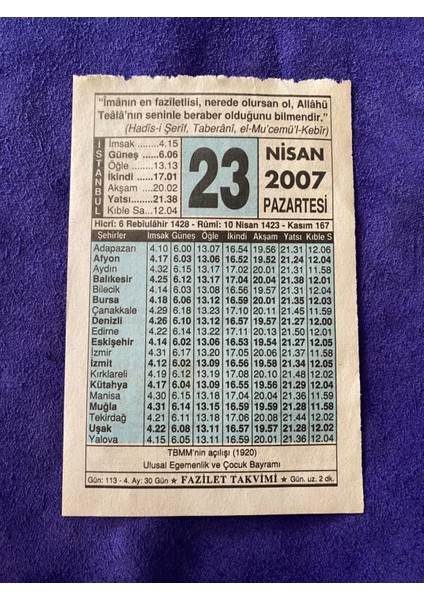 23 Nisan 2007 Takvim Yaprağı Nostalji Koleksiyonluk Takvim Yaprağı