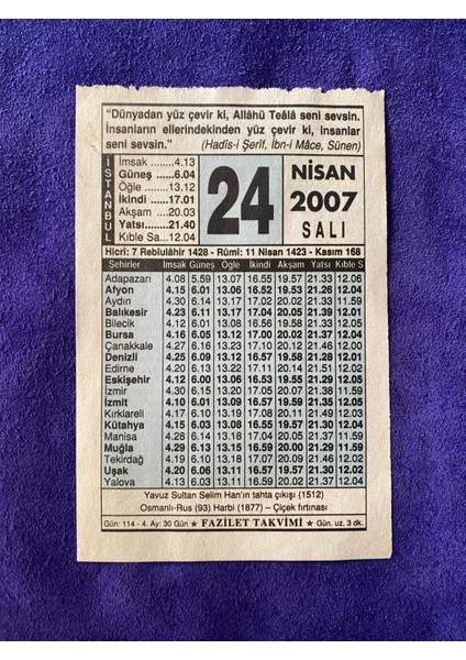 24 Nisan 2007 Takvim Yaprağı Nostalji Koleksiyonluk Takvim Yaprağı