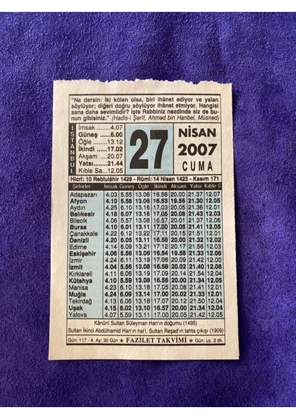 27 Nisan 2007 Takvim Yaprağı Nostalji Koleksiyonluk Takvim Yaprağı