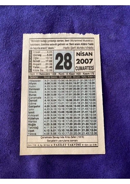 28 Nisan 2007 Takvim Yaprağı Nostalji Koleksiyonluk Takvim Yaprağı