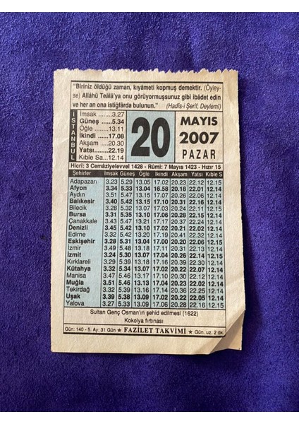 17 Mayıs 2007 Takvim Yaprağı Nostalji Koleksiyonluk Takvim Yaprağı