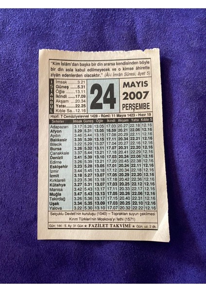 20 Mayıs 2007 Takvim Yaprağı Nostalji Koleksiyonluk Takvim Yaprağı