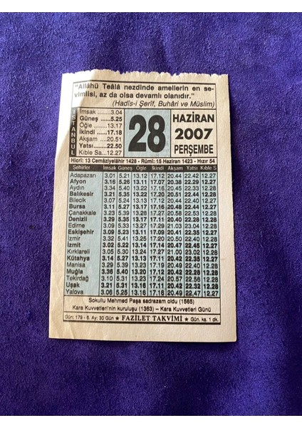 28 Haziran 2007 Takvim Yaprağı Nostalji Koleksiyonluk Takvim Yaprağı