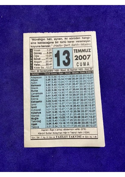 13 Temmuz 2007 Takvim Yaprağı Nostalji Koleksiyonluk Takvim Yaprağı