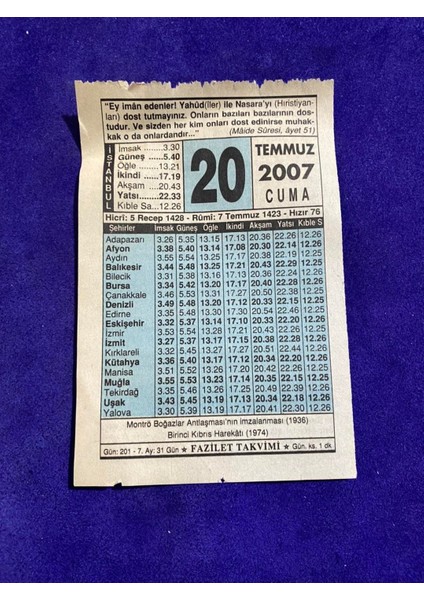 20 Temmuz 2007 Takvim Yaprağı Nostalji Koleksiyonluk Takvim Yaprağı