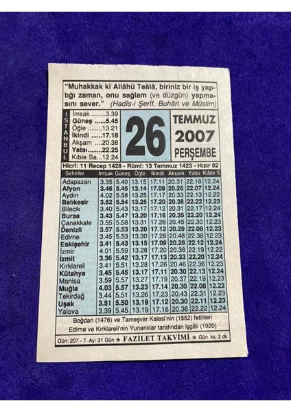 26 Temmuz 2007 Takvim Yaprağı Nostalji Koleksiyonluk Takvim Yaprağı