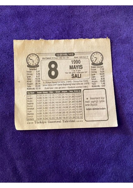 8 Mayıs 1990 Takvim Yaprağı Nostalji Koleksiyonluk Takvim Yaprağı