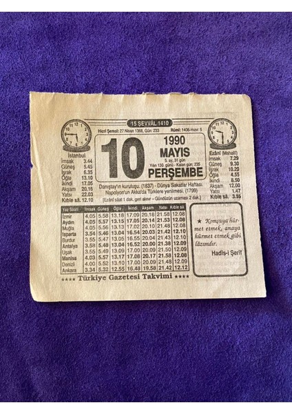10 Mayıs 1990 Takvim Yaprağı Nostalji Koleksiyonluk Takvim Yaprağı