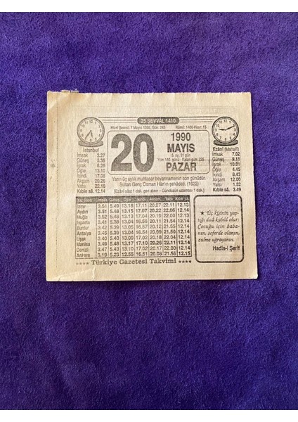 20 Mayıs 1990 Takvim Yaprağı Nostalji Koleksiyonluk Takvim Yaprağı