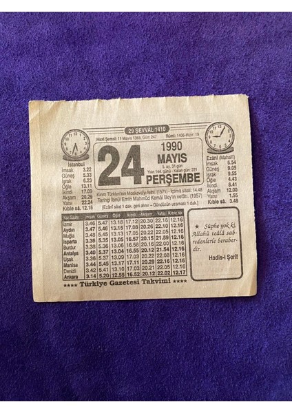 24 Mayıs 1990 Takvim Yaprağı Nostalji Koleksiyonluk Takvim Yaprağı