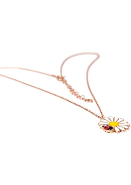 Gümüş Papatya ve Uğur Böceği Mineli Rose 925 Ayar Kadın Kolye