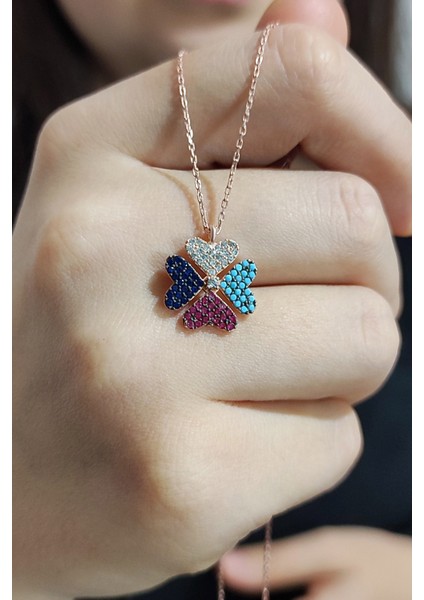 Yonca Tasarım Mix Taşlı Rose Kaplama 925 Ayar Gümüş Kadın Kolye