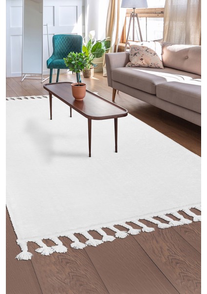 Dijidekor Beyaz Post Dokuma Halı Saçaklı Peluş Yumuşacık Kaymaz Antibakteriyel 160X400