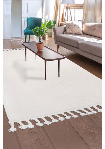 Dijidekor Açık Vizon-Krem Post Dokuma Halı Saçaklı Peluş Yumuşacık Kaymaz Antibakteriyel 120X300