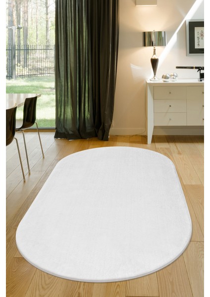 Diji Dekor Dijidekor Beyaz Oval Post Dokuma Halı Peluş Yumuşacık Kaymaz Antibakteriyel 100X250