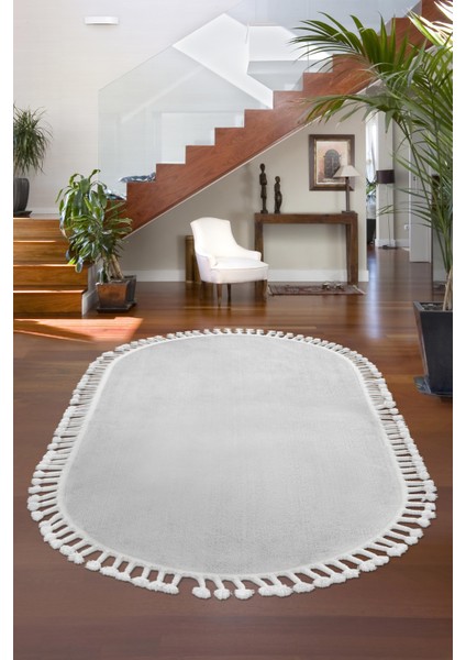 Dijidekor Açık Gri Oval Post Dokuma Halı Saçaklı Peluş Yumuşacık Kaymaz 120X300