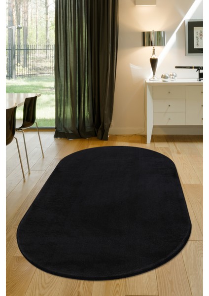 Diji Dekor Dijidekor Siyah Oval Post Dokuma Halı Peluş Yumuşacık Kaymaz Antibakteriyel 80X650