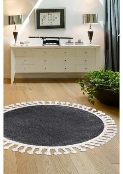Dijidekor Koyu Gri Yuvarlak Post Dokuma Halı Püslüllü Peluş Halı Antibakteriyel 120X120